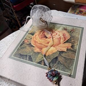Organza Rose Bookmark with Artisan Lampwork Glass Bead – OOAK Handmade